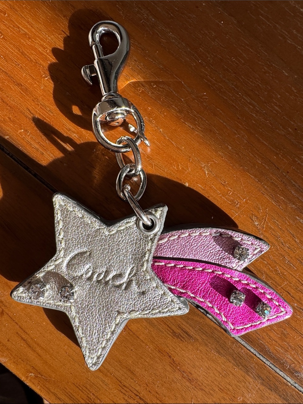 Coach Silver Star Rhinestone Keychain Charm with Pink Leather Accents
